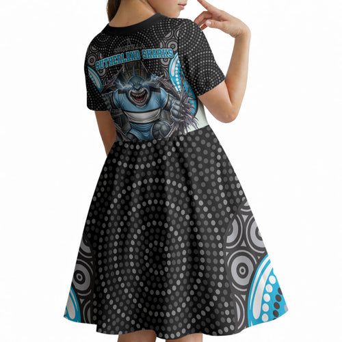 Cronulla Sutherland Sharks Kid Short Sleeve Dress The Scream of Lightning Eyes - Indigenous Dot Ripping Effect