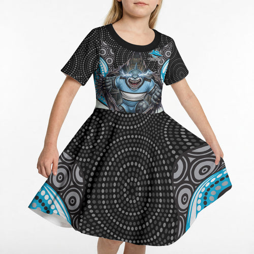 Cronulla Sutherland Sharks Kid Short Sleeve Dress The Scream of Lightning Eyes - Indigenous Dot Ripping Effect