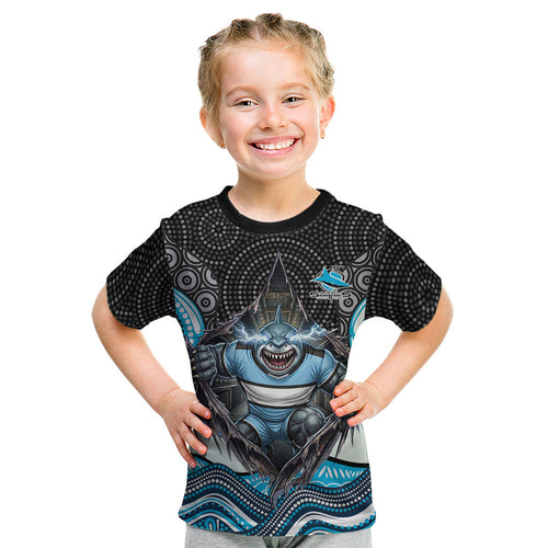 Cronulla Sutherland Sharks Kid T Shirt The Scream of Lightning Eyes - Indigenous Dot Ripping Effect