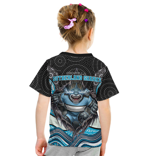 Cronulla Sutherland Sharks Kid T Shirt The Scream of Lightning Eyes - Indigenous Dot Ripping Effect