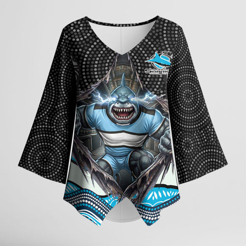 Cronulla Sutherland Sharks Kimono Sleeve Blouse The Scream of Lightning Eyes - Indigenous Dot Ripping Effect