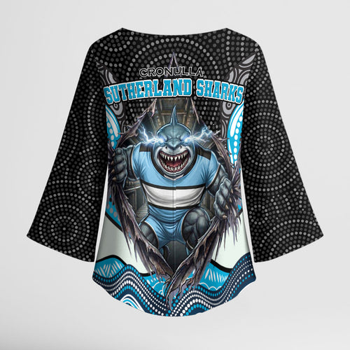 Cronulla Sutherland Sharks Kimono Sleeve Blouse The Scream of Lightning Eyes - Indigenous Dot Ripping Effect