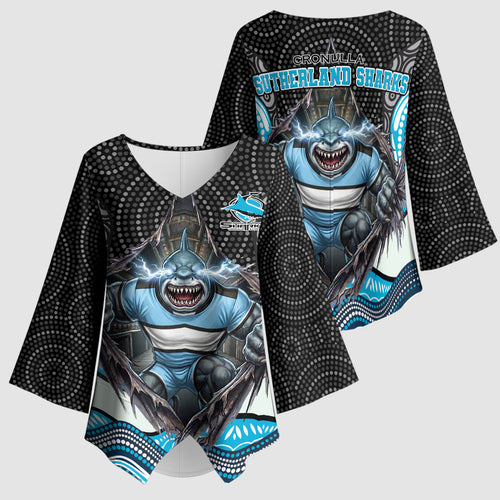 Cronulla Sutherland Sharks Kimono Sleeve Blouse The Scream of Lightning Eyes - Indigenous Dot Ripping Effect