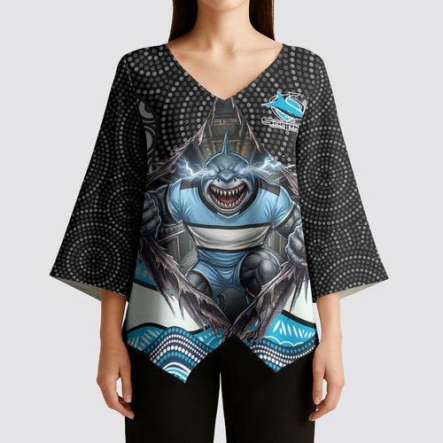 Cronulla Sutherland Sharks Kimono Sleeve Blouse The Scream of Lightning Eyes - Indigenous Dot Ripping Effect