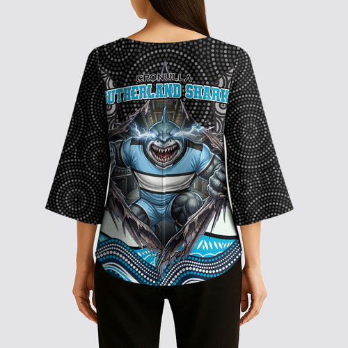 Cronulla Sutherland Sharks Kimono Sleeve Blouse The Scream of Lightning Eyes - Indigenous Dot Ripping Effect