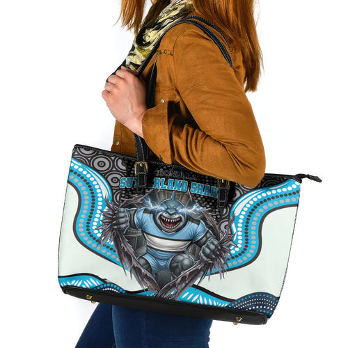 Cronulla Sutherland Sharks Leather Tote Bag The Scream of Lightning Eyes - Indigenous Dot Ripping Effect