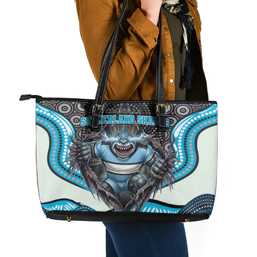 Cronulla Sutherland Sharks Leather Tote Bag The Scream of Lightning Eyes - Indigenous Dot Ripping Effect