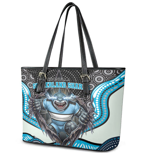 Cronulla Sutherland Sharks Leather Tote Bag The Scream of Lightning Eyes - Indigenous Dot Ripping Effect