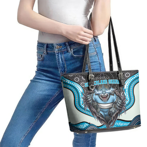 Cronulla Sutherland Sharks Leather Tote Bag The Scream of Lightning Eyes - Indigenous Dot Ripping Effect
