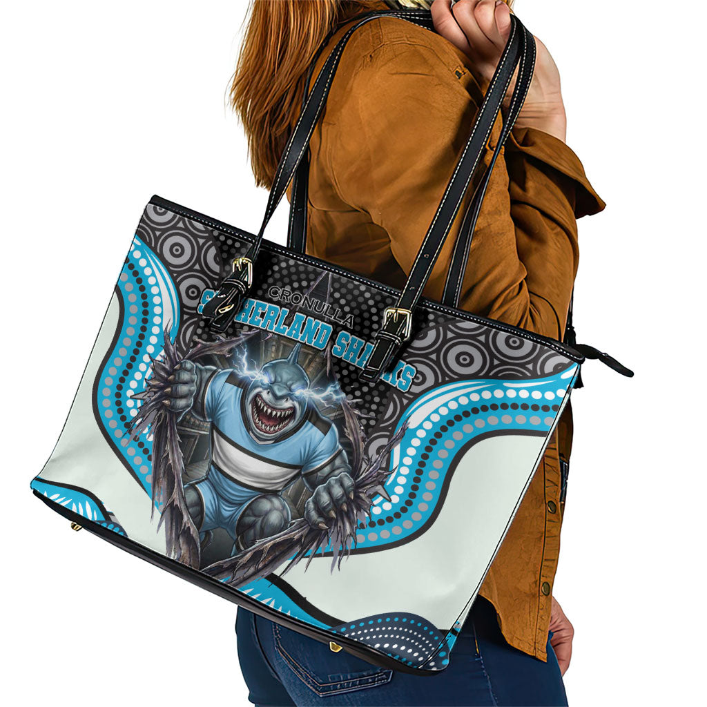 Cronulla Sutherland Sharks Leather Tote Bag The Scream of Lightning Eyes - Indigenous Dot Ripping Effect