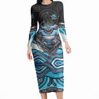 Cronulla Sutherland Sharks Long Sleeve Bodycon Dress The Scream of Lightning Eyes - Indigenous Dot Ripping Effect
