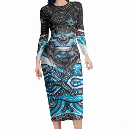 Cronulla Sutherland Sharks Long Sleeve Bodycon Dress The Scream of Lightning Eyes - Indigenous Dot Ripping Effect