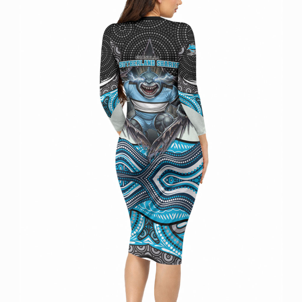 Cronulla Sutherland Sharks Long Sleeve Bodycon Dress The Scream of Lightning Eyes - Indigenous Dot Ripping Effect