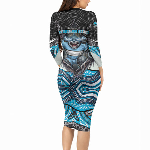 Cronulla Sutherland Sharks Long Sleeve Bodycon Dress The Scream of Lightning Eyes - Indigenous Dot Ripping Effect