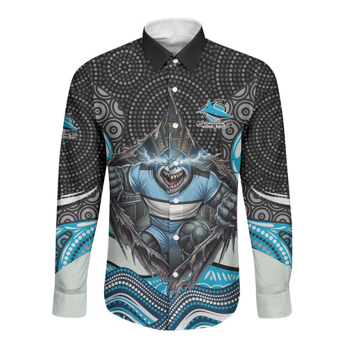Cronulla Sutherland Sharks Long Sleeve Button Shirt The Scream of Lightning Eyes - Indigenous Dot Ripping Effect