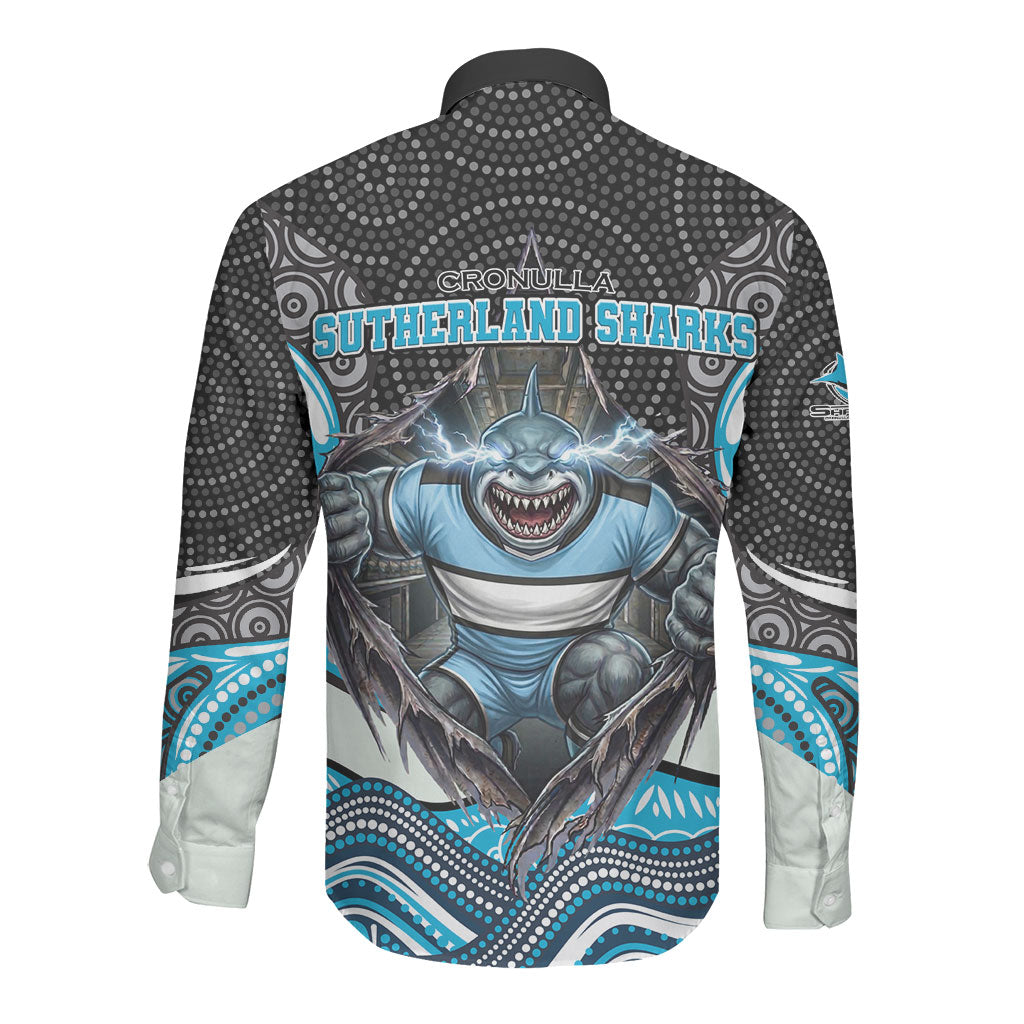 Cronulla Sutherland Sharks Long Sleeve Button Shirt The Scream of Lightning Eyes - Indigenous Dot Ripping Effect