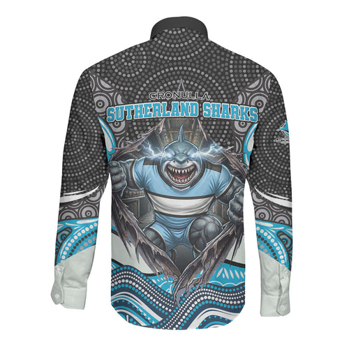 Cronulla Sutherland Sharks Long Sleeve Button Shirt The Scream of Lightning Eyes - Indigenous Dot Ripping Effect