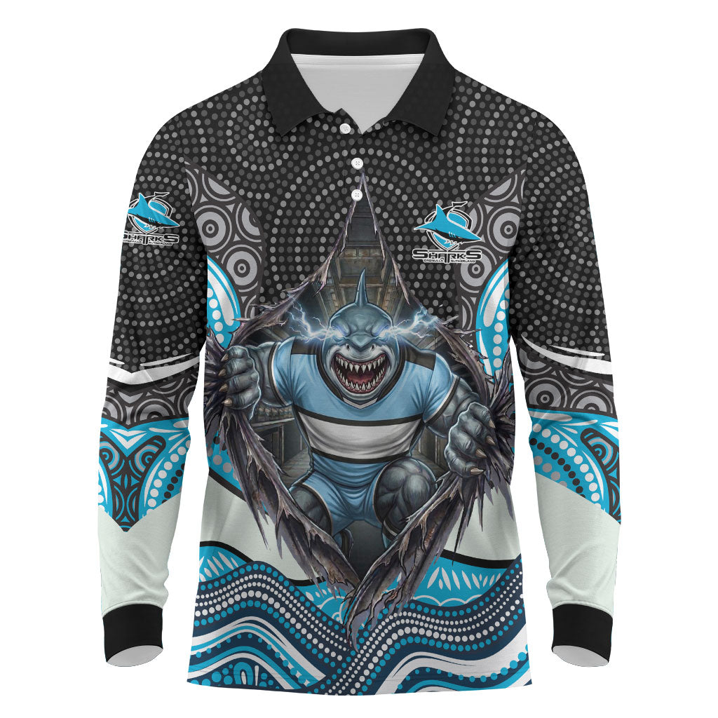 Cronulla Sutherland Sharks Long Sleeve Polo Shirt The Scream of Lightning Eyes - Indigenous Dot Ripping Effect