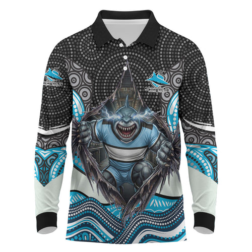 Cronulla Sutherland Sharks Long Sleeve Polo Shirt The Scream of Lightning Eyes - Indigenous Dot Ripping Effect