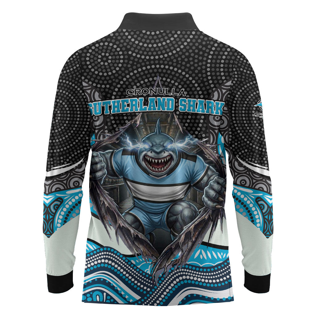 Cronulla Sutherland Sharks Long Sleeve Polo Shirt The Scream of Lightning Eyes - Indigenous Dot Ripping Effect