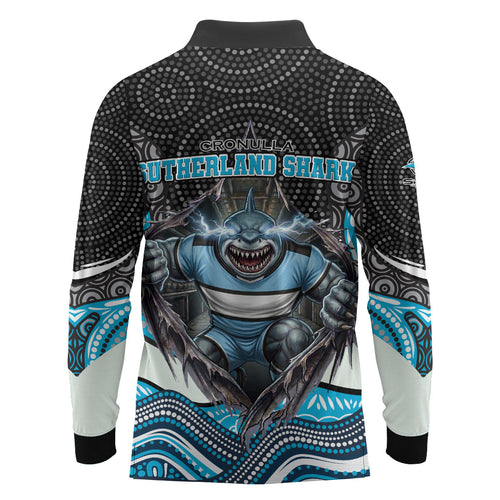 Cronulla Sutherland Sharks Long Sleeve Polo Shirt The Scream of Lightning Eyes - Indigenous Dot Ripping Effect