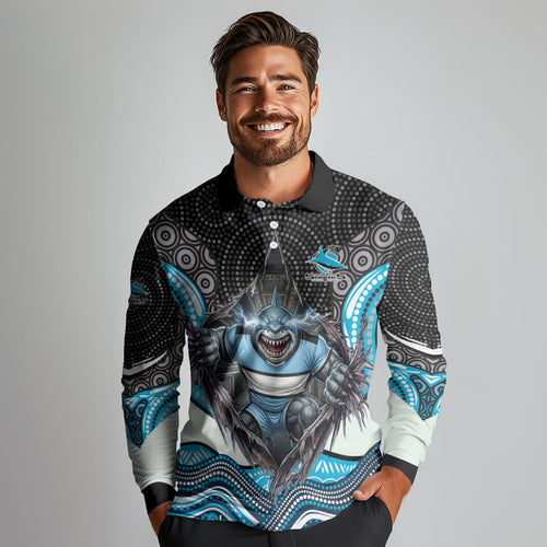 Cronulla Sutherland Sharks Long Sleeve Polo Shirt The Scream of Lightning Eyes - Indigenous Dot Ripping Effect