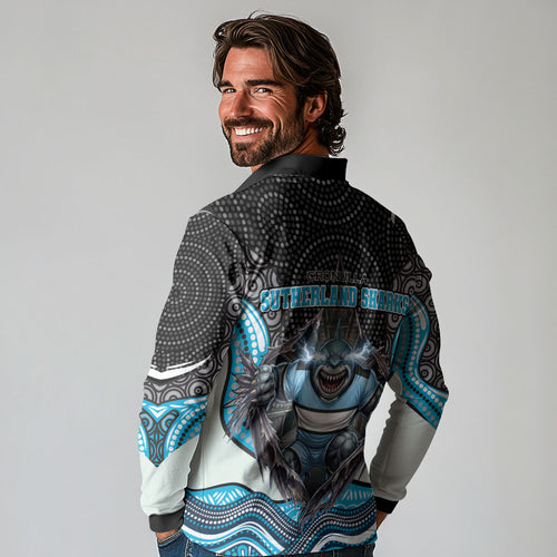 Cronulla Sutherland Sharks Long Sleeve Polo Shirt The Scream of Lightning Eyes - Indigenous Dot Ripping Effect