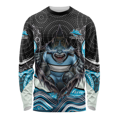 Cronulla Sutherland Sharks Long Sleeve Shirt The Scream of Lightning Eyes - Indigenous Dot Ripping Effect