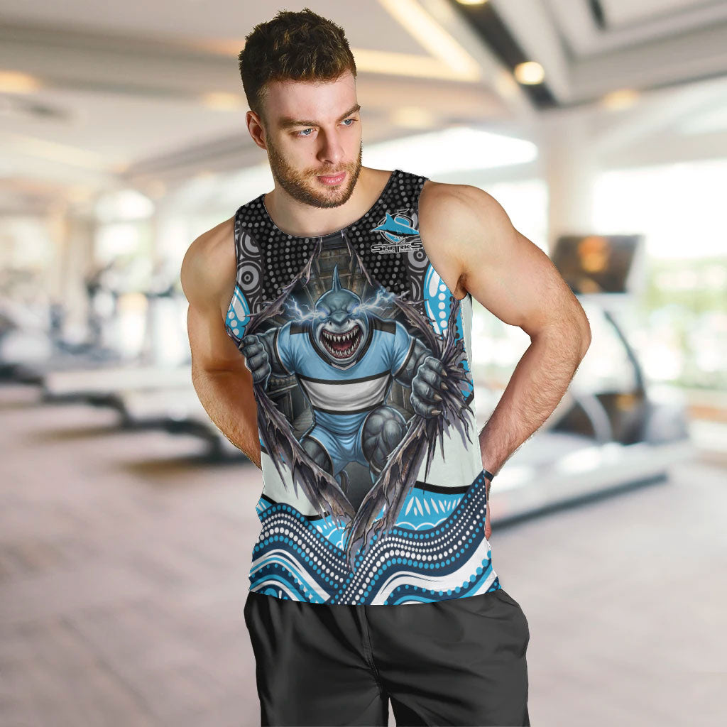 Cronulla Sutherland Sharks Men Tank Top The Scream of Lightning Eyes - Indigenous Dot Ripping Effect