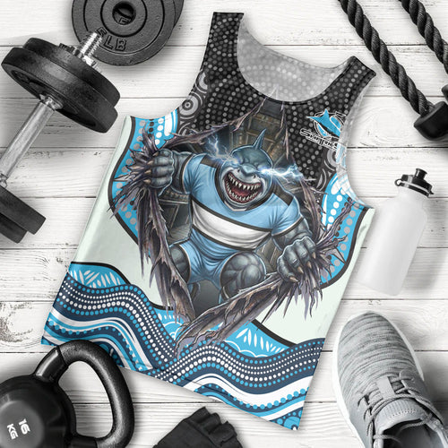 Cronulla Sutherland Sharks Men Tank Top The Scream of Lightning Eyes - Indigenous Dot Ripping Effect