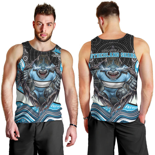 Cronulla Sutherland Sharks Men Tank Top The Scream of Lightning Eyes - Indigenous Dot Ripping Effect