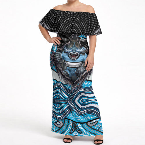 Cronulla Sutherland Sharks Off Shoulder Maxi Dress The Scream of Lightning Eyes - Indigenous Dot Ripping Effect