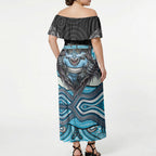Cronulla Sutherland Sharks Off Shoulder Maxi Dress The Scream of Lightning Eyes - Indigenous Dot Ripping Effect