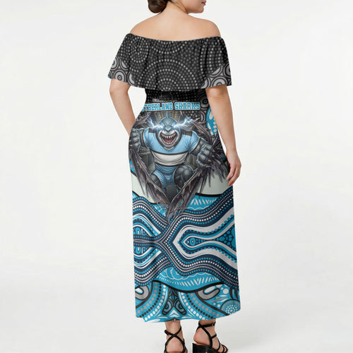 Cronulla Sutherland Sharks Off Shoulder Maxi Dress The Scream of Lightning Eyes - Indigenous Dot Ripping Effect