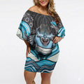 Cronulla Sutherland Sharks Off Shoulder Short Dress The Scream of Lightning Eyes - Indigenous Dot Ripping Effect