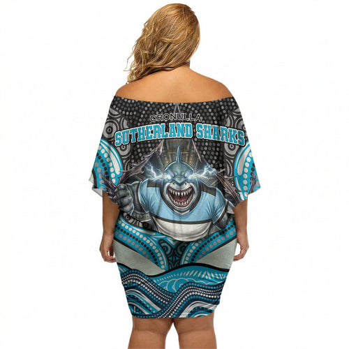 Cronulla Sutherland Sharks Off Shoulder Short Dress The Scream of Lightning Eyes - Indigenous Dot Ripping Effect