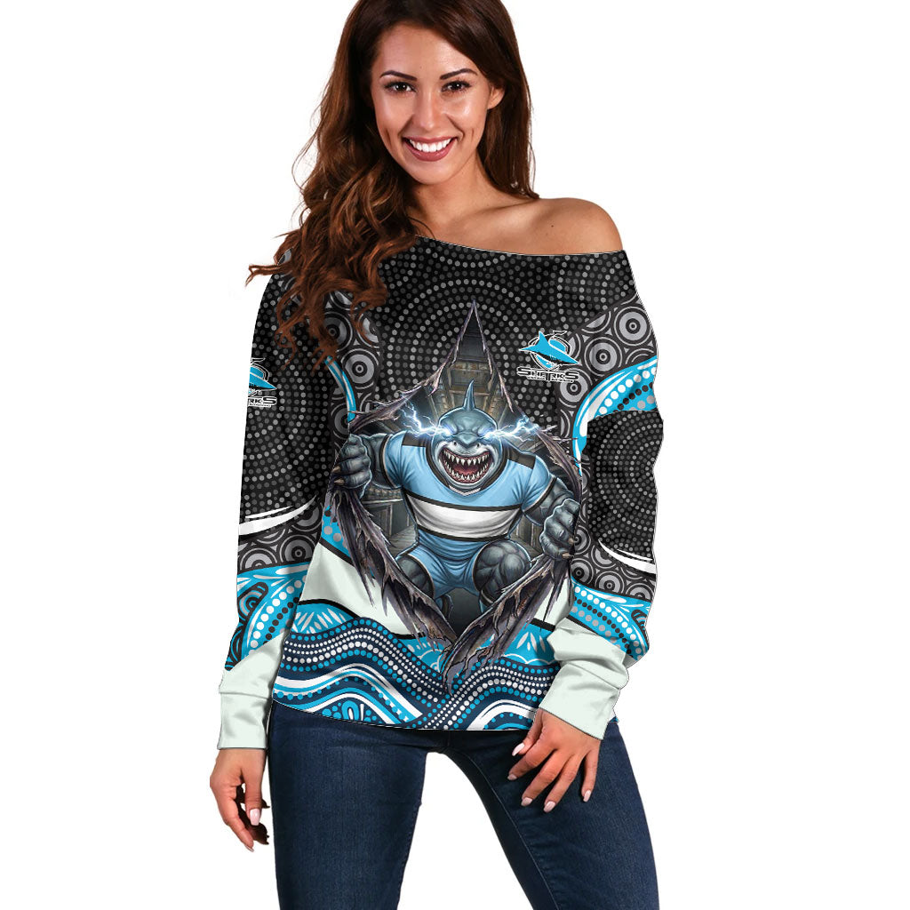 Cronulla Sutherland Sharks Off Shoulder Sweater The Scream of Lightning Eyes - Indigenous Dot Ripping Effect