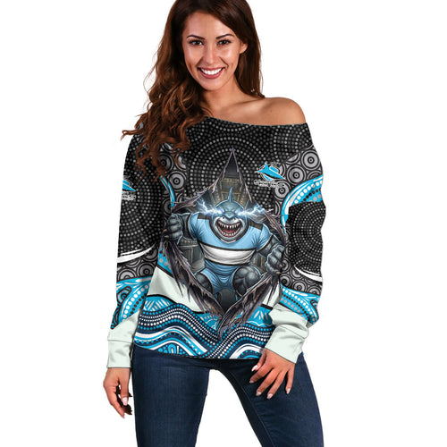 Cronulla Sutherland Sharks Off Shoulder Sweater The Scream of Lightning Eyes - Indigenous Dot Ripping Effect