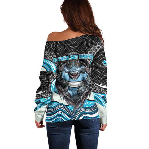Cronulla Sutherland Sharks Off Shoulder Sweater The Scream of Lightning Eyes - Indigenous Dot Ripping Effect