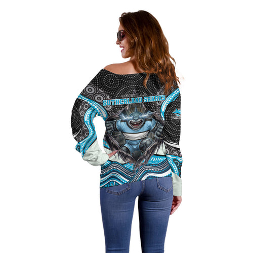 Cronulla Sutherland Sharks Off Shoulder Sweater The Scream of Lightning Eyes - Indigenous Dot Ripping Effect