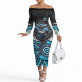 Cronulla Sutherland Sharks Off The Shoulder Long Sleeve Dress The Scream of Lightning Eyes - Indigenous Dot Ripping Effect