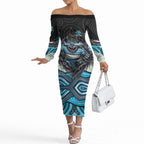 Cronulla Sutherland Sharks Off The Shoulder Long Sleeve Dress The Scream of Lightning Eyes - Indigenous Dot Ripping Effect