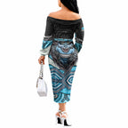 Cronulla Sutherland Sharks Off The Shoulder Long Sleeve Dress The Scream of Lightning Eyes - Indigenous Dot Ripping Effect