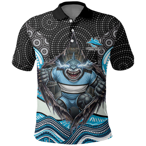 Cronulla Sutherland Sharks Polo Shirt The Scream of Lightning Eyes - Indigenous Dot Ripping Effect