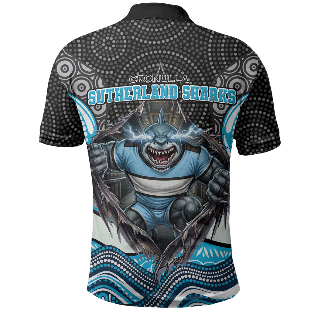 Cronulla Sutherland Sharks Polo Shirt The Scream of Lightning Eyes - Indigenous Dot Ripping Effect