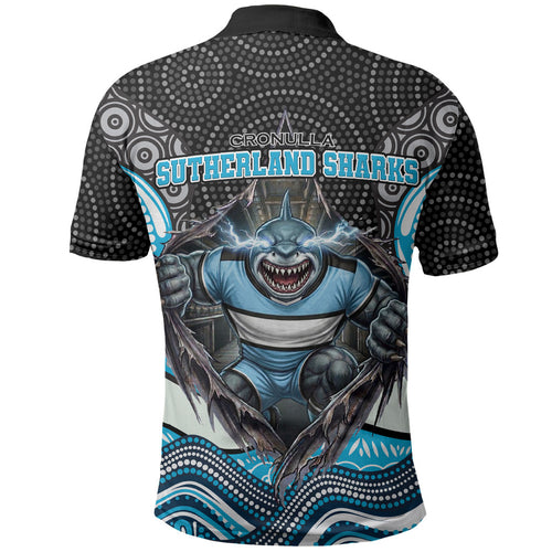 Cronulla Sutherland Sharks Polo Shirt The Scream of Lightning Eyes - Indigenous Dot Ripping Effect
