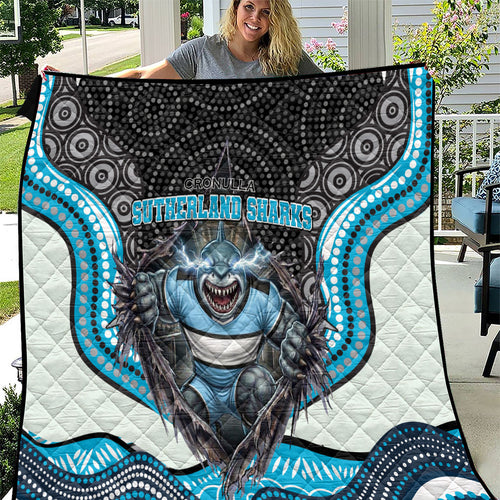 Cronulla Sutherland Sharks Quilt The Scream of Lightning Eyes - Indigenous Dot Ripping Effect