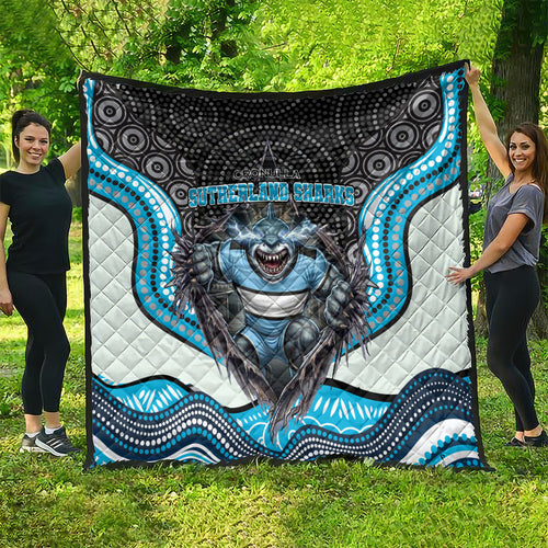 Cronulla Sutherland Sharks Quilt The Scream of Lightning Eyes - Indigenous Dot Ripping Effect