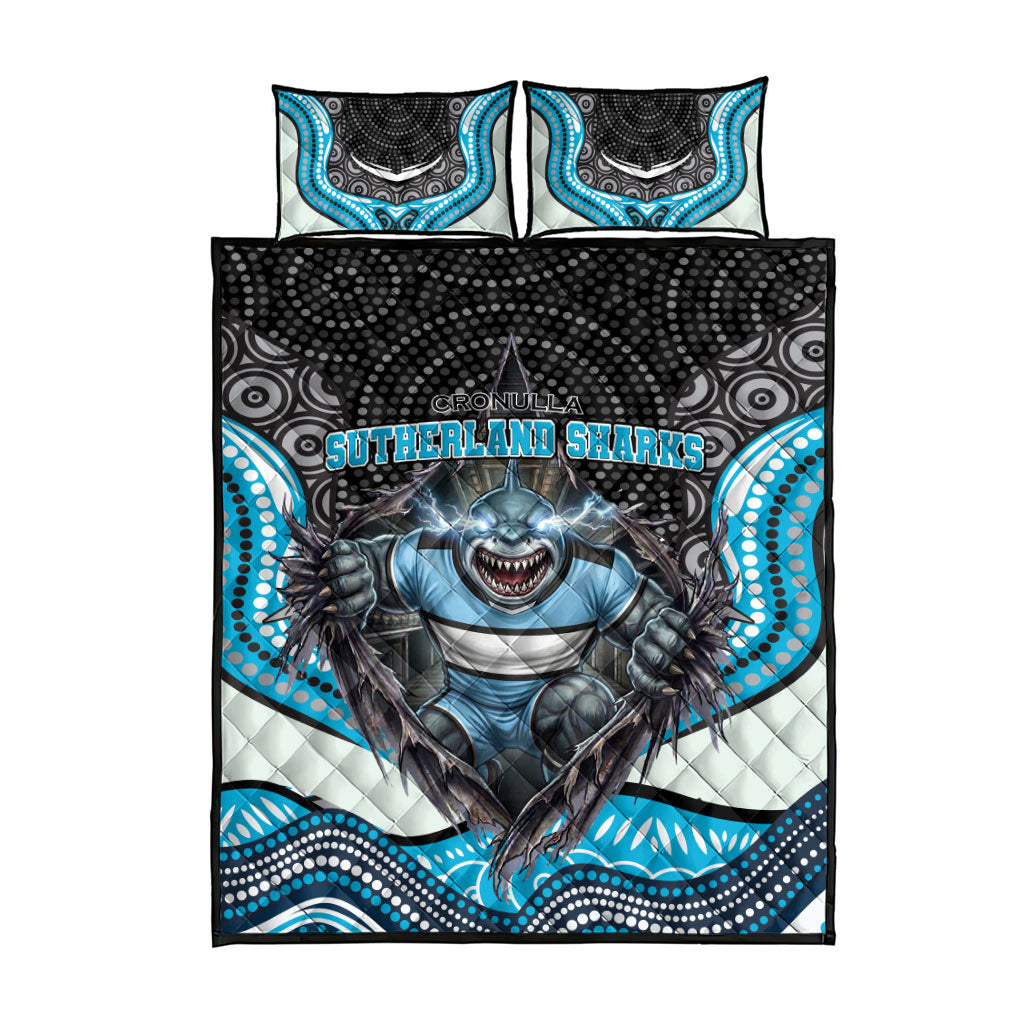 Cronulla Sutherland Sharks Quilt Bed Set The Scream of Lightning Eyes - Indigenous Dot Ripping Effect