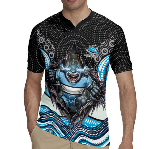 Cronulla Sutherland Sharks Rugby Jersey The Scream of Lightning Eyes - Indigenous Dot Ripping Effect